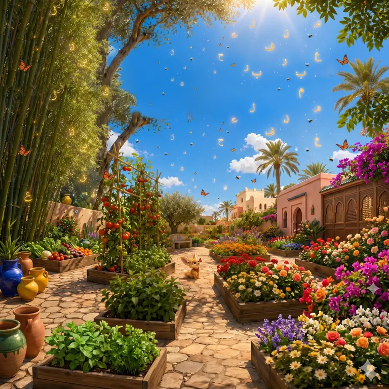 حديقة خضراء في وضح النهار، أزهار وفراشات وخُضَر
