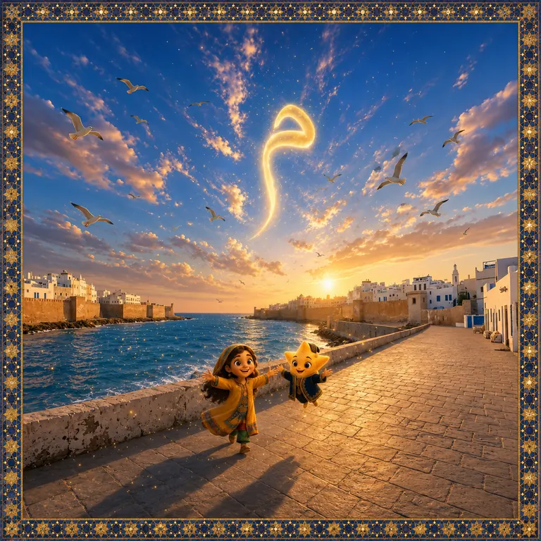 أسوار على المحيط عند الغروب، طفلة تركض ونوارس تحلّق