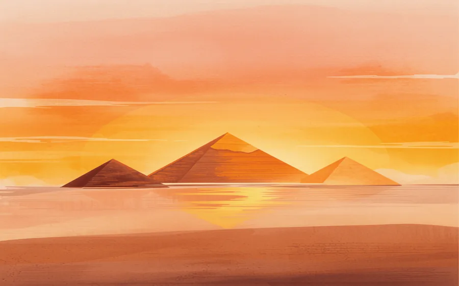 رسم من قصة: أهرامات الجيزة عند الغروب، منعكسةً على ماءٍ ساكن