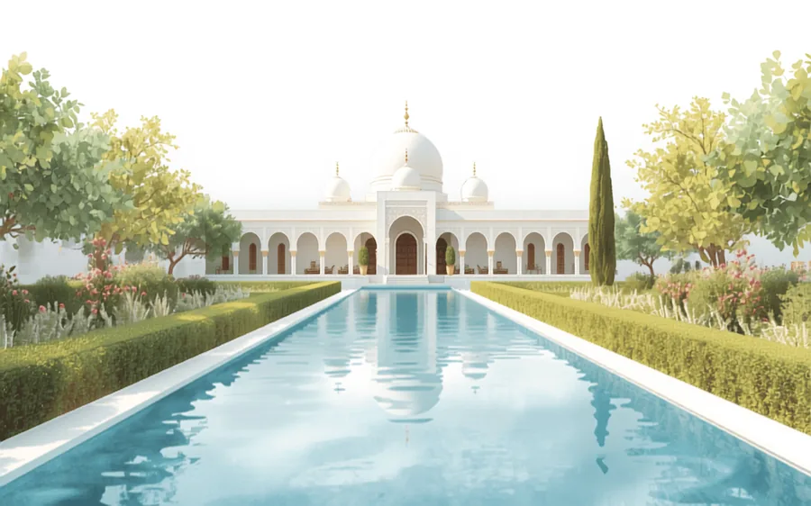 رسم من قصة: تاج محل وانعكاسه في بركة الحديقة الطويلة